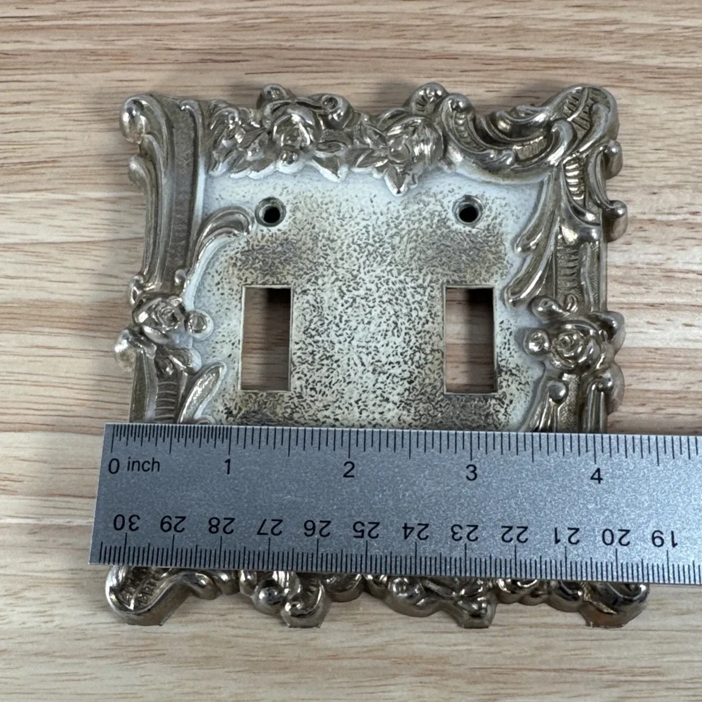 Vintage Silver Tone Cast Metal Double Switch Plate Cover Victorian Rose